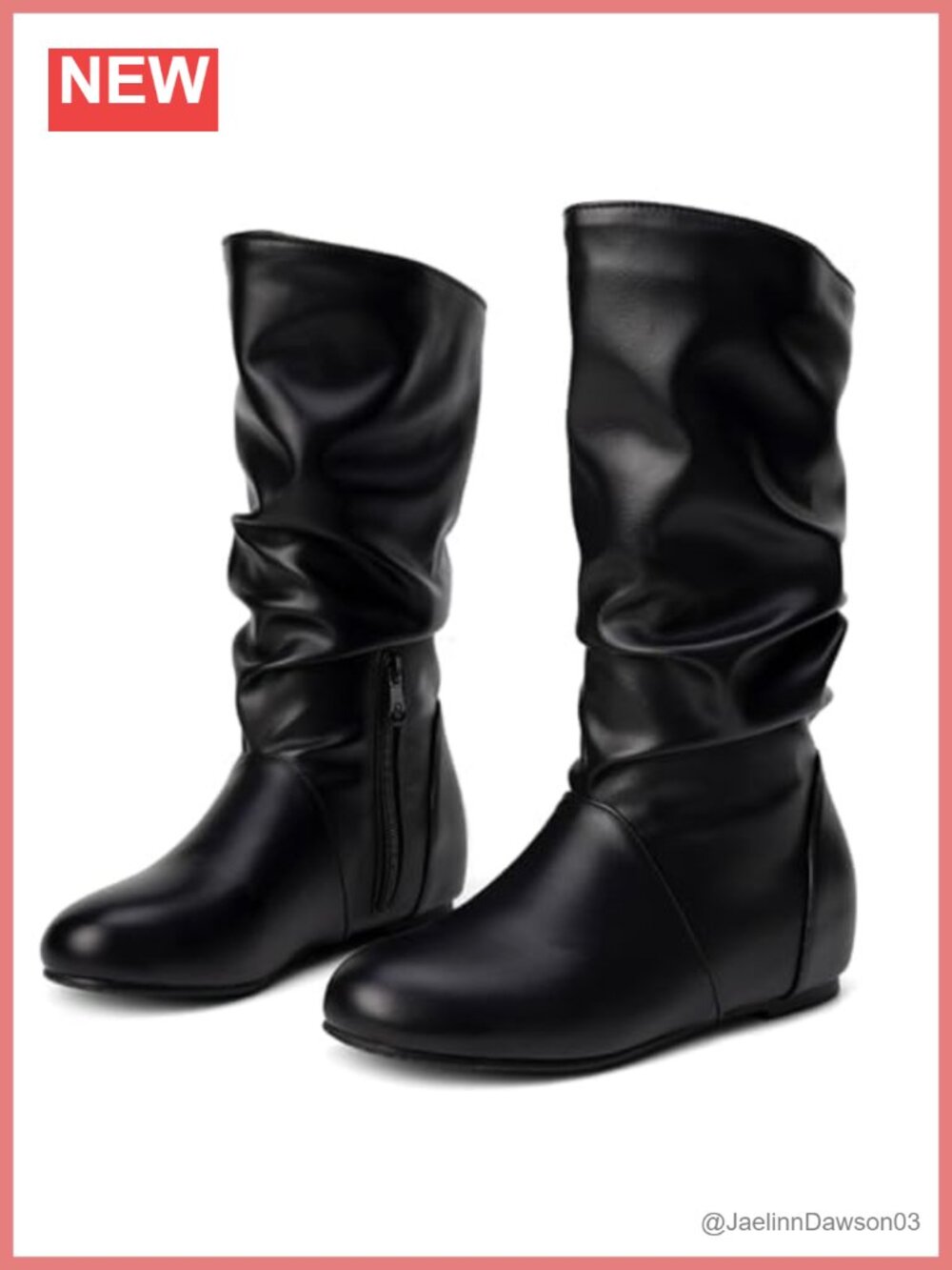 Women's Slouch Mid-Calf Flat Boots Faux Leather Wedge Side Zip Comfort Casual